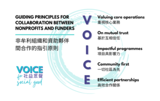 由一群非政府組織領袖組成的義工團隊 Voice for Social Good 提出《非牟利組織和資助機構間合作的指導原則》，期望加強雙方的了解，建立理想及平等的協作關係。